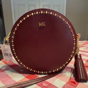 Michael Kors Gold Studded Leather Canteen Crossbody / Shoulder Bag in Burgundy